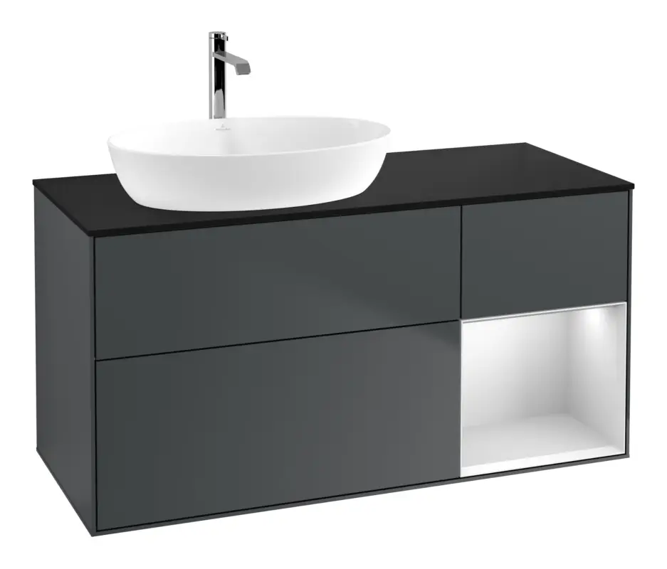 Villeroy & Boch Finion Waschbeckenunterschrank für Becken links Regal rechts für Artis / Collaro 3 Auszüge mit Beleuchtung (1x LED) ohne Hahnloch 1200 x 603 x 501 mm - Midnight Blue Matt Lacquer / White Matt Lacquer / Glass Black Matt Begrenztes Angebot