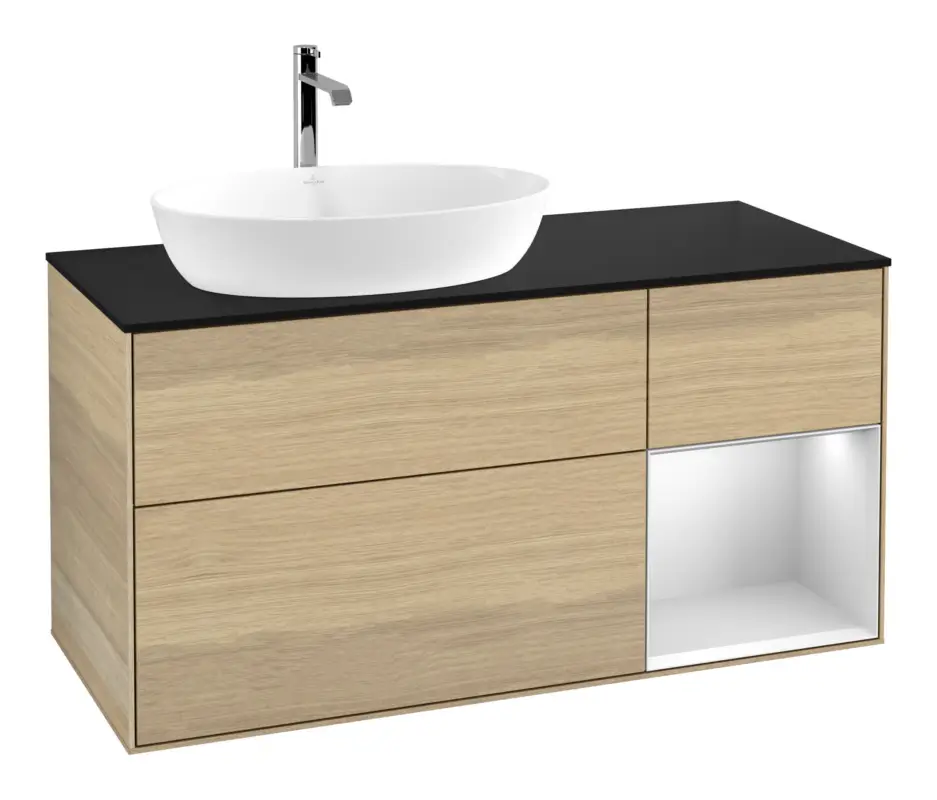 Villeroy & Boch Finion Waschbeckenunterschrank für Becken links Regal rechts für Artis / Collaro 3 Auszüge mit Beleuchtung (1x LED) ohne Hahnloch 1200 x 603 x 501 mm - Oak Veneer / White Matt Lacquer / Glass Black Matt Neue Kollektion