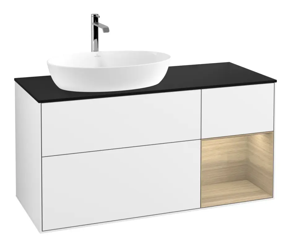 Markenware Villeroy & Boch Finion Waschbeckenunterschrank für Becken links Regal rechts für Artis / Collaro 3 Auszüge mit Beleuchtung (1x LED) ohne Hahnloch 1200 x 603 x 501 mm - Glossy White Lacquer / Oak Veneer / Glass Black Matt