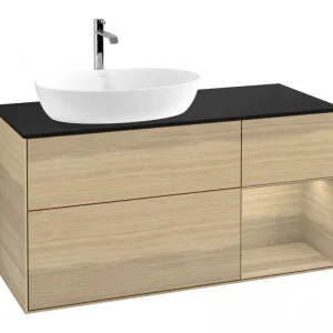 Aktuell Villeroy & Boch Finion Waschbeckenunterschrank für Becken links Regal rechts für Artis / Collaro 3 Auszüge mit Beleuchtung (1x LED) ohne Hahnloch 1200 x 603 x 501 mm - Oak Veneer / Glass Black Matt