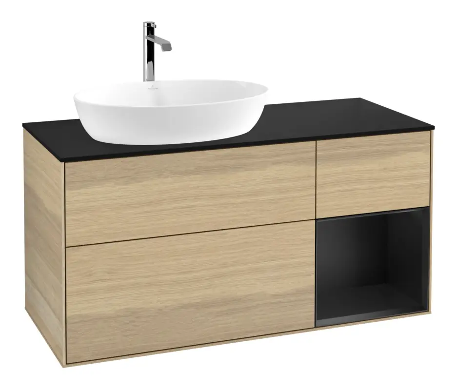 Beliebt Villeroy & Boch Finion Waschbeckenunterschrank für Becken links Regal rechts für Artis / Collaro 3 Auszüge mit Beleuchtung (1x LED) ohne Hahnloch 1200 x 603 x 501 mm - Oak Veneer / Black Matt Lacquer / Glass Black Matt