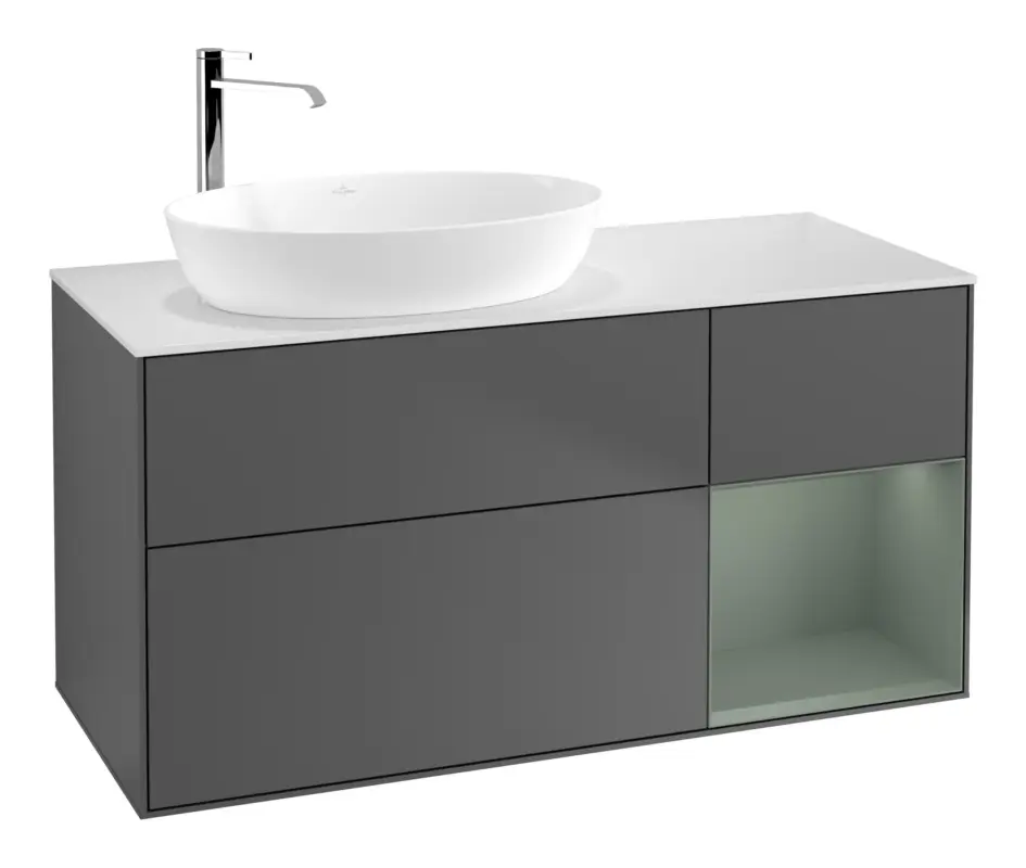 Neue Kollektion Villeroy & Boch Finion Waschbeckenunterschrank für Becken links Regal rechts für Artis / Collaro rund 3 Auszüge mit Beleuchtung (1x LED) 1200 x 603 x 501 mm - Anthracite Matt Lacquer / Olive Matt Lacquer / Glass White Matt