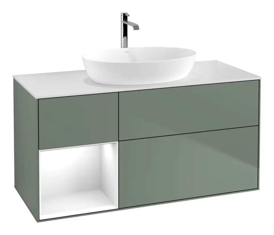 Expressversand Villeroy & Boch Finion Waschbeckenunterschrank für Becken mittig Regal links für Artis / Collaro 3 Auszüge mit Beleuchtung (1x LED) ohne Hahnloch 1200 x 603 x 501 mm - Olive Matt Lacquer / Glossy White Lacquer / Glass White Matt