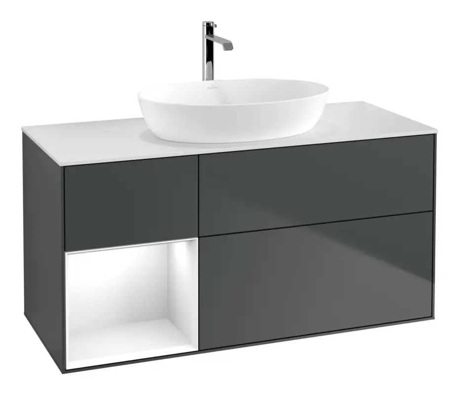 Preiswert Villeroy & Boch Finion Waschbeckenunterschrank für Becken mittig Regal links für Artis / Collaro 3 Auszüge mit Beleuchtung (1x LED) ohne Hahnloch 1200 x 603 x 501 mm - Midnight Blue Matt Lacquer / Glossy White Lacquer / Glass White Matt