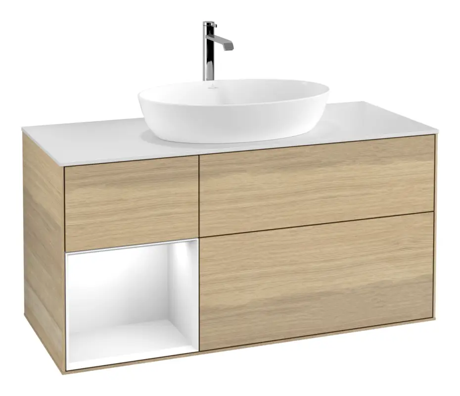 Sichere Zahlung Villeroy & Boch Finion Waschbeckenunterschrank für Becken mittig Regal links für Artis / Collaro 3 Auszüge mit Beleuchtung (1x LED) ohne Hahnloch 1200 x 603 x 501 mm - Oak Veneer / Glossy White Lacquer / Glass White Matt