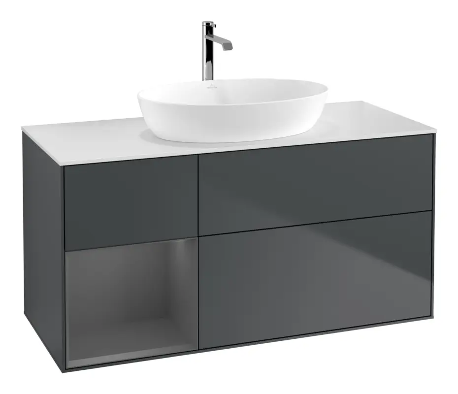 Villeroy & Boch Finion Waschbeckenunterschrank für Becken mittig Regal links für Artis / Collaro 3 Auszüge mit Beleuchtung (1x LED) ohne Hahnloch 1200 x 603 x 501 mm - Midnight Blue Matt Lacquer / Anthracite Matt Lacquer / Glass White Matt Sale