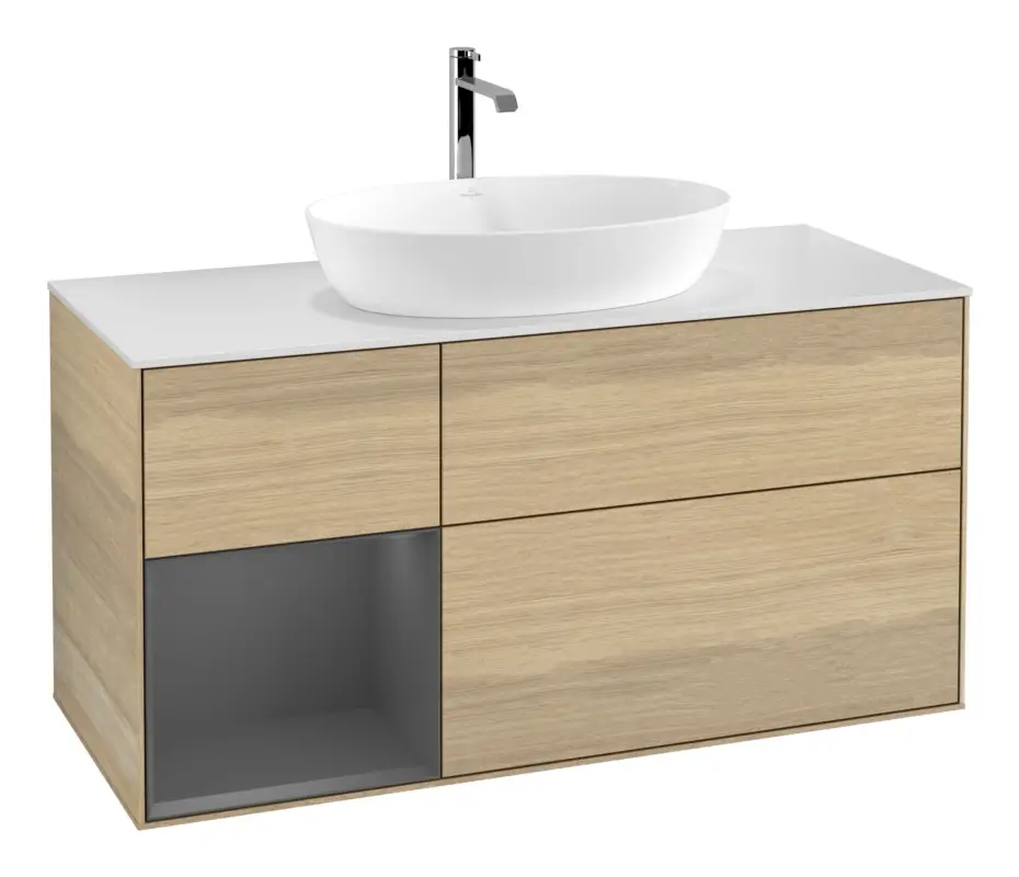Villeroy & Boch Finion Waschbeckenunterschrank für Becken mittig Regal links für Artis / Collaro 3 Auszüge mit Beleuchtung (1x LED) ohne Hahnloch 1200 x 603 x 501 mm - Oak Veneer / Anthracite Matt Lacquer / Glass White Matt Expressversand
