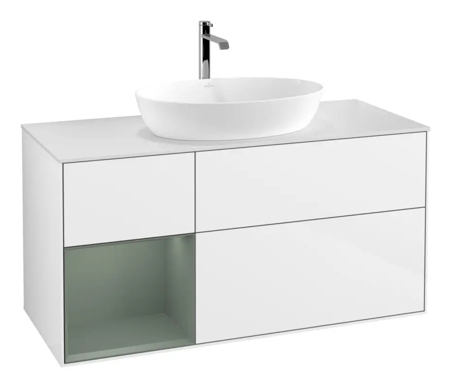 Nur Für Kurze Zeit Villeroy & Boch Finion Waschbeckenunterschrank für Becken mittig Regal links für Artis / Collaro 3 Auszüge mit Beleuchtung (1x LED) ohne Hahnloch 1200 x 603 x 501 mm - Glossy White Lacquer / Olive Matt Lacquer / Glass White Matt