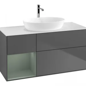 Aktuell Villeroy & Boch Finion Waschbeckenunterschrank für Becken mittig Regal links für Artis / Collaro 3 Auszüge mit Beleuchtung (1x LED) ohne Hahnloch 1200 x 603 x 501 mm - Anthracite Matt Lacquer / Olive Matt Lacquer / Glass White Matt