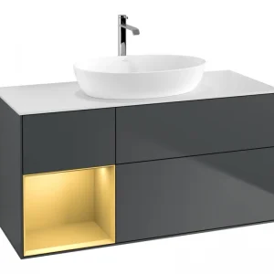 Abverkauf Villeroy & Boch Finion Waschbeckenunterschrank für Becken mittig Regal links für Artis / Collaro 3 Auszüge mit Beleuchtung (1x LED) ohne Hahnloch 1200 x 603 x 501 mm - Midnight Blue Matt Lacquer / Gold Matt Lacquer / Glass White Matt