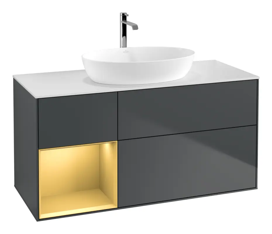 Abverkauf Villeroy & Boch Finion Waschbeckenunterschrank für Becken mittig Regal links für Artis / Collaro 3 Auszüge mit Beleuchtung (1x LED) ohne Hahnloch 1200 x 603 x 501 mm - Midnight Blue Matt Lacquer / Gold Matt Lacquer / Glass White Matt
