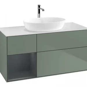 Abverkauf Villeroy & Boch Finion Waschbeckenunterschrank für Becken mittig Regal links für Artis / Collaro 3 Auszüge mit Beleuchtung (1x LED) ohne Hahnloch 1200 x 603 x 501 mm - Olive Matt Lacquer / Midnight Blue Matt Lacquer / Glass White Matt
