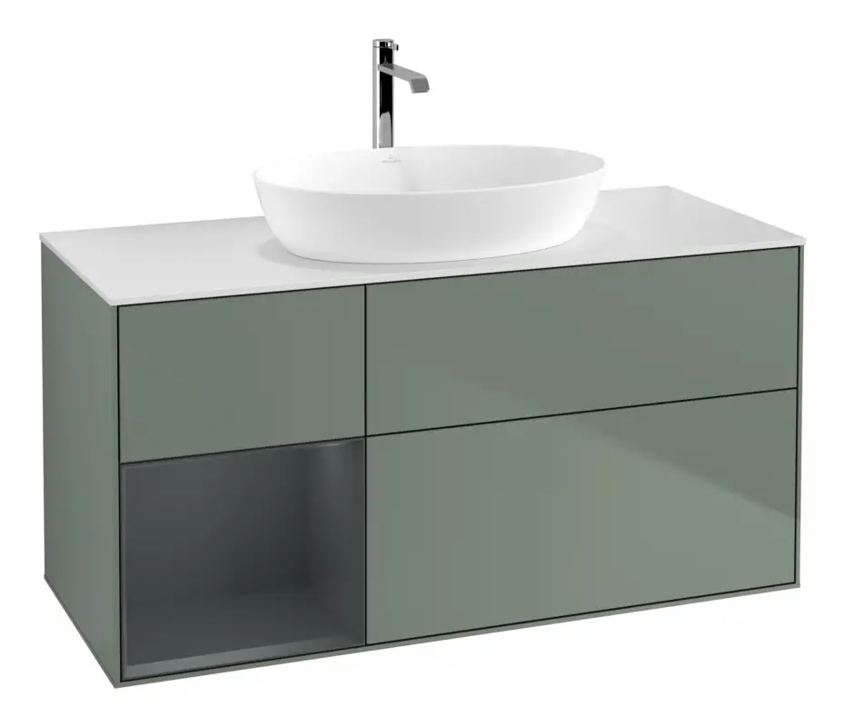 Abverkauf Villeroy & Boch Finion Waschbeckenunterschrank für Becken mittig Regal links für Artis / Collaro 3 Auszüge mit Beleuchtung (1x LED) ohne Hahnloch 1200 x 603 x 501 mm - Olive Matt Lacquer / Midnight Blue Matt Lacquer / Glass White Matt