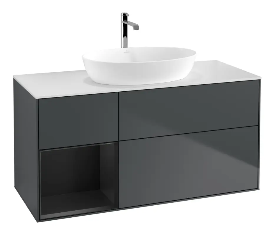 Geprüft Villeroy & Boch Finion Waschbeckenunterschrank für Becken mittig Regal links für Artis / Collaro 3 Auszüge mit Beleuchtung (1x LED) ohne Hahnloch 1200 x 603 x 501 mm - Midnight Blue Matt Lacquer / Black Matt Lacquer / Glass White Matt