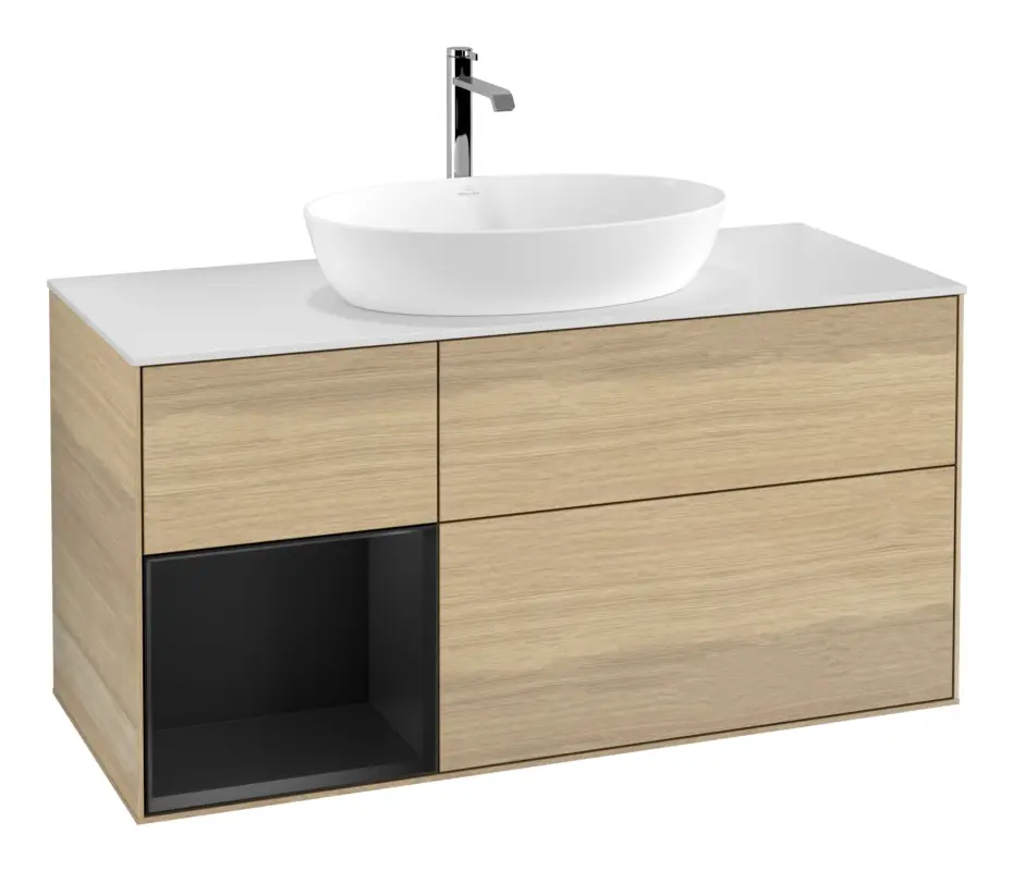 Neu Im Sortiment Villeroy & Boch Finion Waschbeckenunterschrank für Becken mittig Regal links für Artis / Collaro 3 Auszüge mit Beleuchtung (1x LED) ohne Hahnloch 1200 x 603 x 501 mm - Oak Veneer / Black Matt Lacquer / Glass White Matt