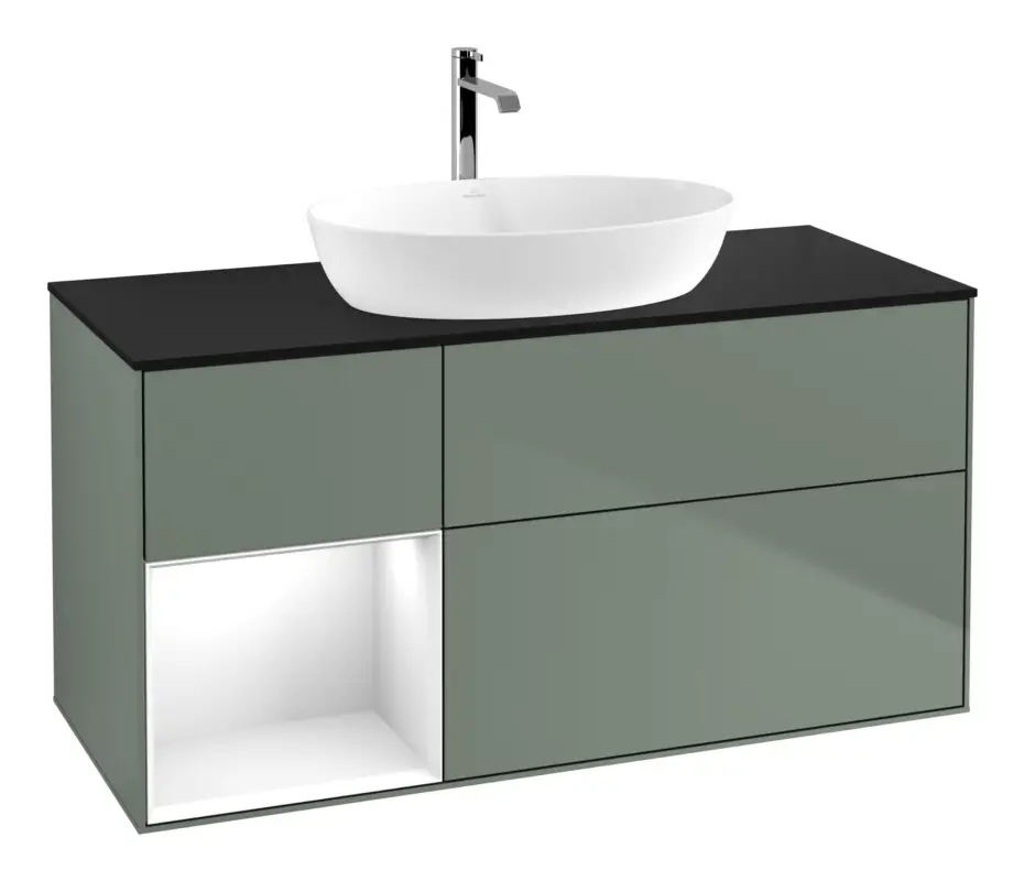 Knallerangebot Villeroy & Boch Finion Waschbeckenunterschrank für Becken mittig Regal links für Artis / Collaro 3 Auszüge mit Beleuchtung (1x LED) ohne Hahnloch 1200 x 603 x 501 mm - Olive Matt Lacquer / Glossy White Lacquer / Glass Black Matt