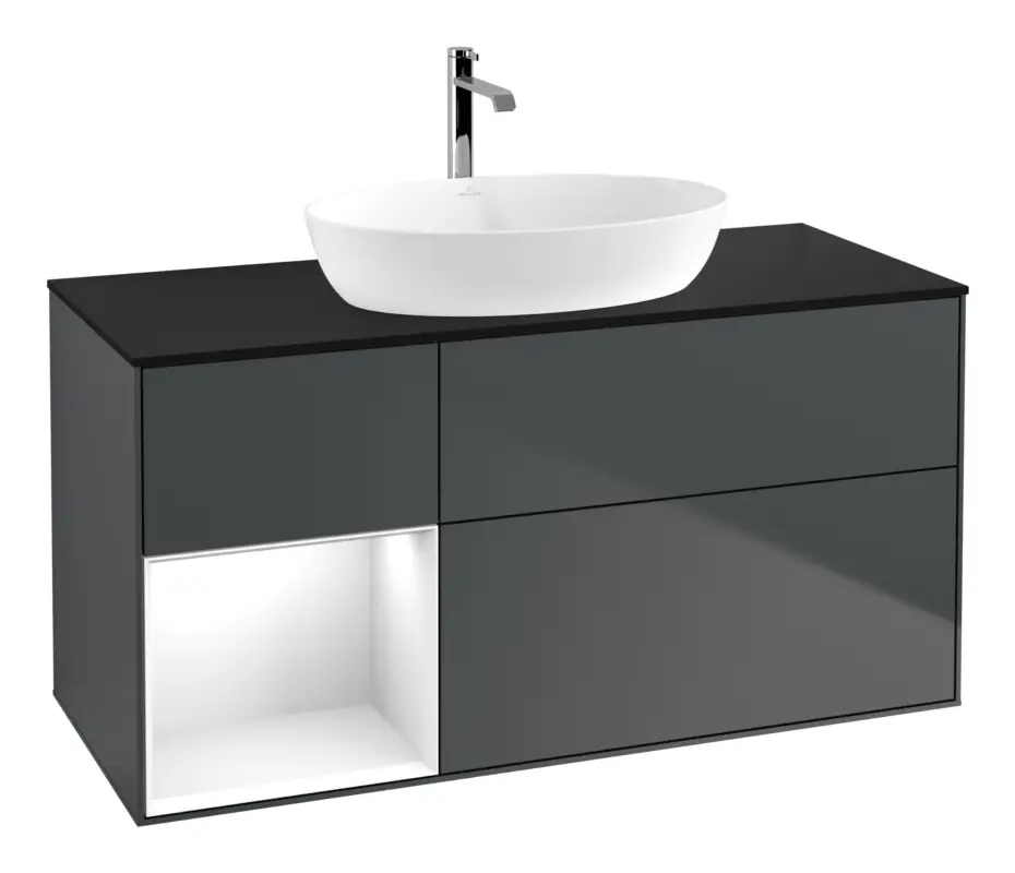 Saisonangebot Villeroy & Boch Finion Waschbeckenunterschrank für Becken mittig Regal links für Artis / Collaro 3 Auszüge mit Beleuchtung (1x LED) ohne Hahnloch 1200 x 603 x 501 mm - Midnight Blue Matt Lacquer / Glossy White Lacquer / Glass Black Matt