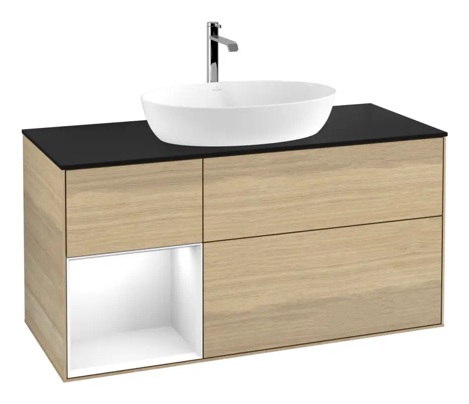 Villeroy & Boch Finion Waschbeckenunterschrank für Becken mittig Regal links für Artis / Collaro 3 Auszüge mit Beleuchtung (1x LED) ohne Hahnloch 1200 x 603 x 501 mm - Oak Veneer / Glossy White Lacquer / Glass Black Matt Markenprodukt