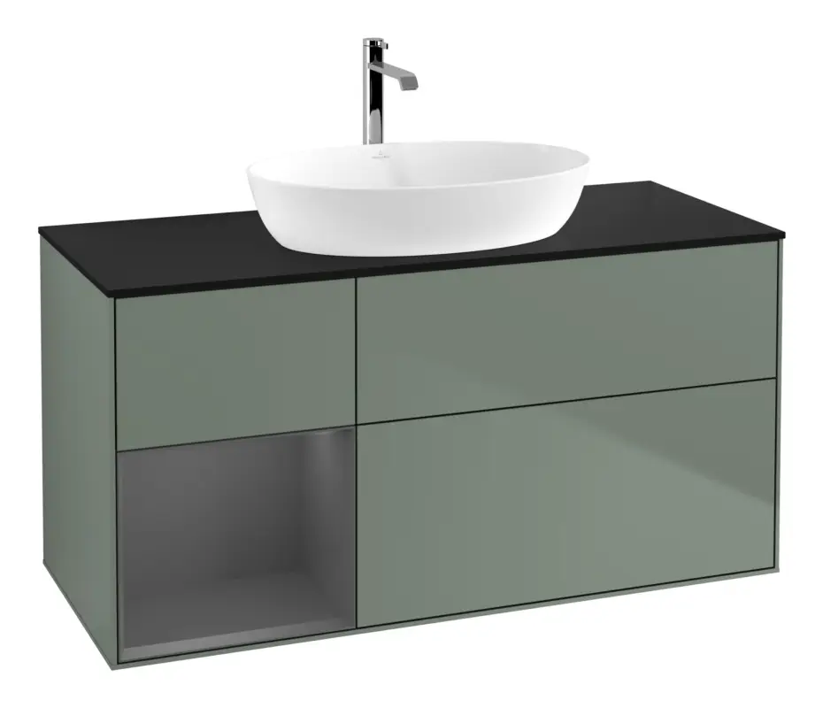 Beliebt Villeroy & Boch Finion Waschbeckenunterschrank für Becken mittig Regal links für Artis / Collaro 3 Auszüge mit Beleuchtung (1x LED) ohne Hahnloch 1200 x 603 x 501 mm - Olive Matt Lacquer / Anthracite Matt Lacquer / Glass Black Matt
