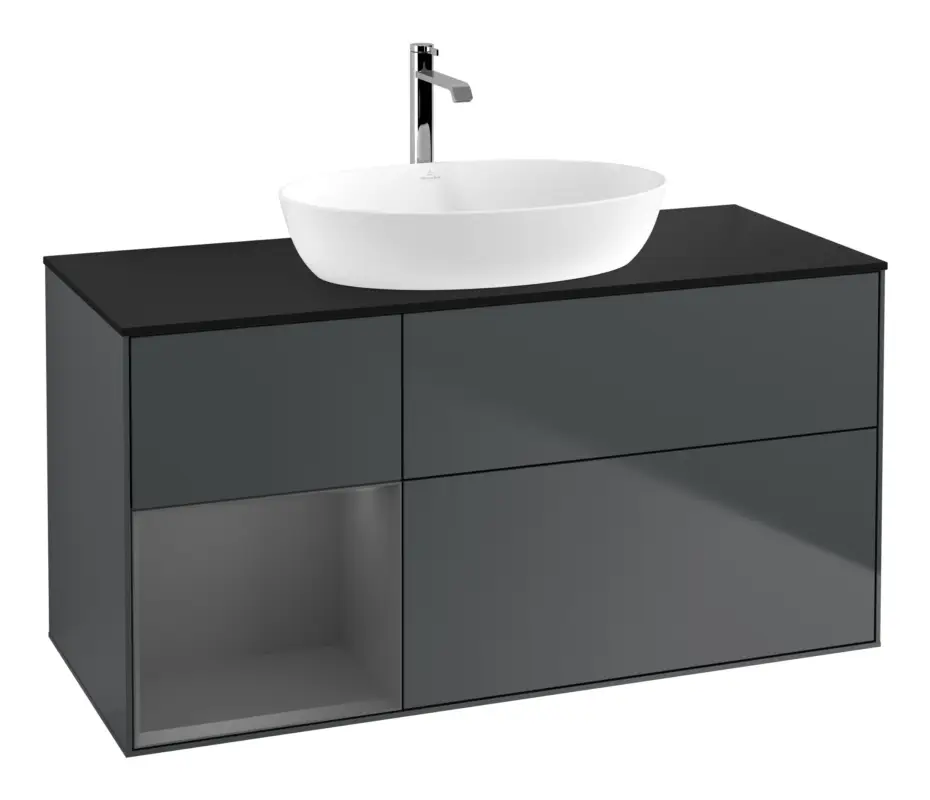 Top-Angebot Villeroy & Boch Finion Waschbeckenunterschrank für Becken mittig Regal links für Artis / Collaro 3 Auszüge mit Beleuchtung (1x LED) ohne Hahnloch 1200 x 603 x 501 mm - Midnight Blue Matt Lacquer / Anthracite Matt Lacquer / Glass Black Matt