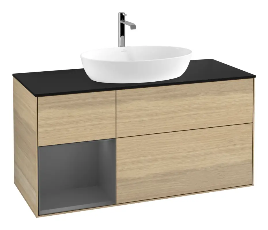 Villeroy & Boch Finion Waschbeckenunterschrank für Becken mittig Regal links für Artis / Collaro 3 Auszüge mit Beleuchtung (1x LED) ohne Hahnloch 1200 x 603 x 501 mm - Oak Veneer / Anthracite Matt Lacquer / Glass Black Matt Sonderangebot