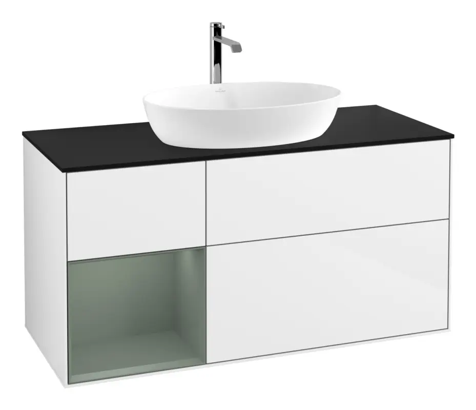 Begrenztes Angebot Villeroy & Boch Finion Waschbeckenunterschrank für Becken mittig Regal links für Artis / Collaro 3 Auszüge mit Beleuchtung (1x LED) ohne Hahnloch 1200 x 603 x 501 mm - Glossy White Lacquer / Olive Matt Lacquer / Glass Black Matt