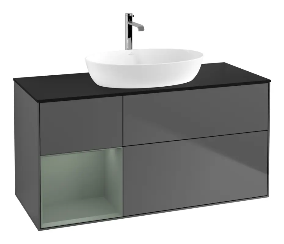 Sonderaktion Villeroy & Boch Finion Waschbeckenunterschrank für Becken mittig Regal links für Artis / Collaro 3 Auszüge mit Beleuchtung (1x LED) ohne Hahnloch 1200 x 603 x 501 mm - Anthracite Matt Lacquer / Olive Matt Lacquer / Glass Black Matt