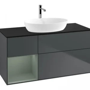 Aktuell Villeroy & Boch Finion Waschbeckenunterschrank für Becken mittig Regal links für Artis / Collaro 3 Auszüge mit Beleuchtung (1x LED) ohne Hahnloch 1200 x 603 x 501 mm - Midnight Blue Matt Lacquer / Olive Matt Lacquer / Glass Black Matt