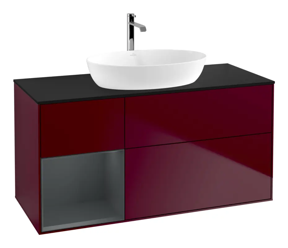 Villeroy & Boch Finion Waschbeckenunterschrank für Becken mittig Regal links für Artis / Collaro 3 Auszüge mit Beleuchtung (1x LED) ohne Hahnloch 1200 x 603 x 501 mm - Peony Matt Lacquer / Midnight Blue Matt Lacquer / Glass Black Matt Sichere Zahlung