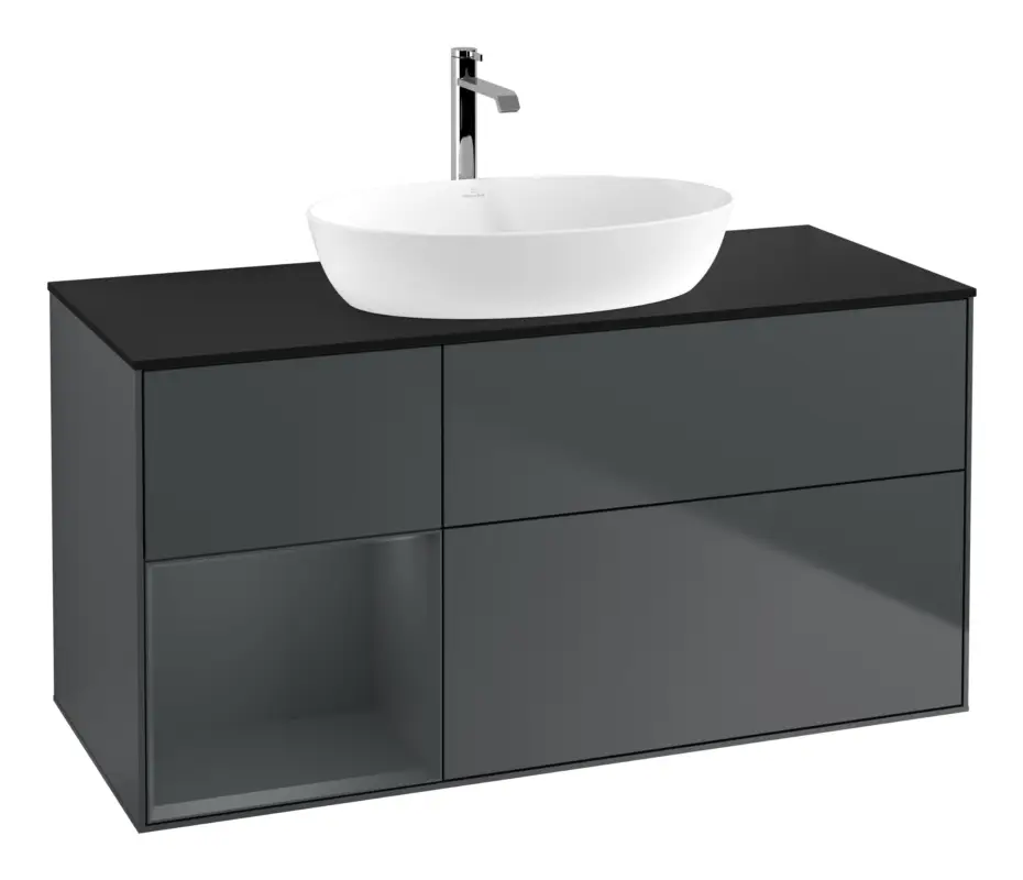 Villeroy & Boch Finion Waschbeckenunterschrank für Becken mittig Regal links für Artis / Collaro 3 Auszüge mit Beleuchtung (1x LED) ohne Hahnloch 1200 x 603 x 501 mm - Midnight Blue Matt Lacquer / Glass Black Matt Sonderaktion