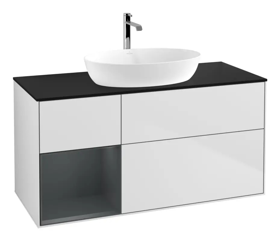 Expressversand Villeroy & Boch Finion Waschbeckenunterschrank für Becken mittig Regal links für Artis / Collaro 3 Auszüge mit Beleuchtung (1x LED) ohne Hahnloch 1200 x 603 x 501 mm - White Matt Lacquer / Midnight Blue Matt Lacquer / Glass Black Matt