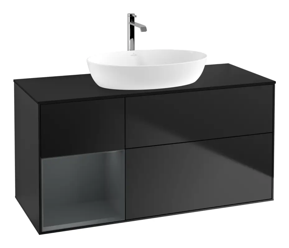 Villeroy & Boch Finion Waschbeckenunterschrank für Becken mittig Regal links für Artis / Collaro 3 Auszüge mit Beleuchtung (1x LED) ohne Hahnloch 1200 x 603 x 501 mm - Black Matt Lacquer / Midnight Blue Matt Lacquer / Glass Black Matt Versand Am Gleichen Tag
