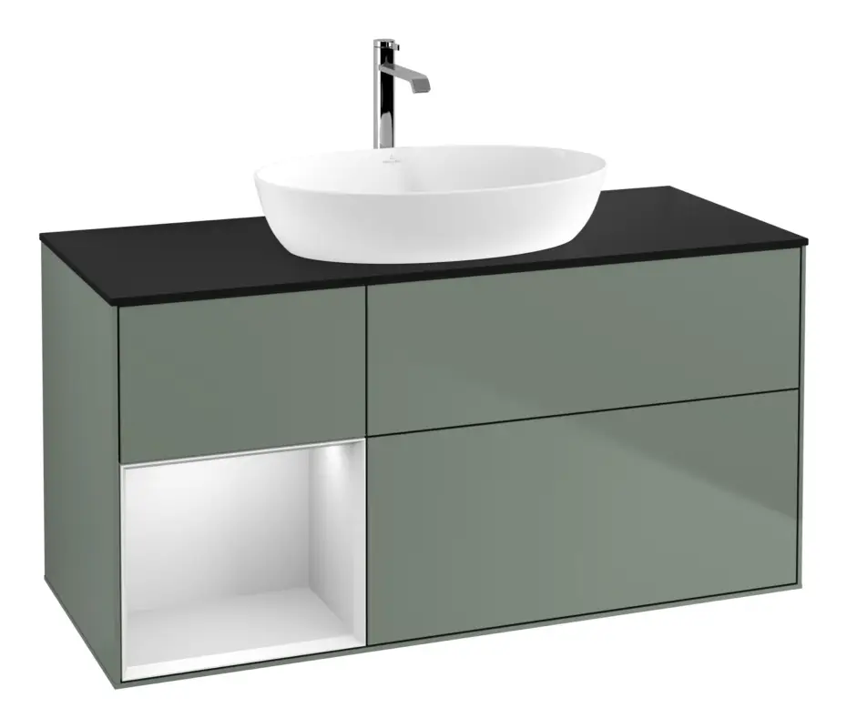 Geprüft Villeroy & Boch Finion Waschbeckenunterschrank für Becken mittig Regal links für Artis / Collaro 3 Auszüge mit Beleuchtung (1x LED) ohne Hahnloch 1200 x 603 x 501 mm - Olive Matt Lacquer / White Matt Lacquer / Glass Black Matt