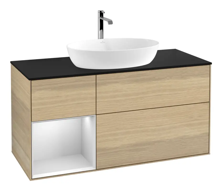Villeroy & Boch Finion Waschbeckenunterschrank für Becken mittig Regal links für Artis / Collaro 3 Auszüge mit Beleuchtung (1x LED) ohne Hahnloch 1200 x 603 x 501 mm - Oak Veneer / White Matt Lacquer / Glass Black Matt Garantierte Lieferung