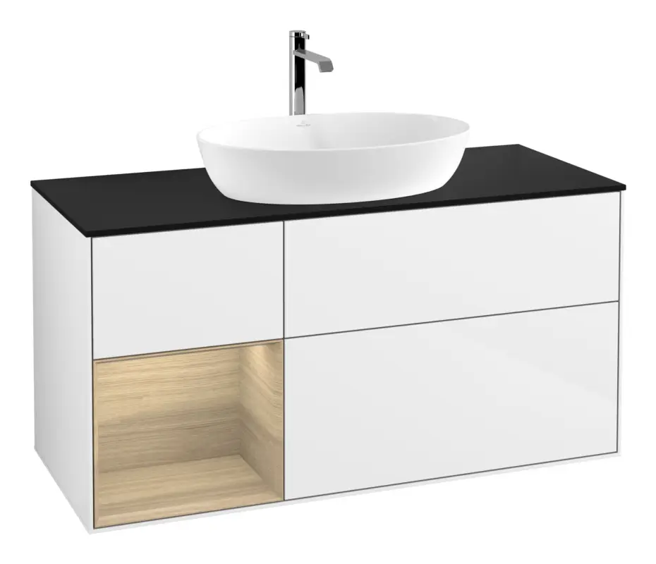 Wochenendangebot Villeroy & Boch Finion Waschbeckenunterschrank für Becken mittig Regal links für Artis / Collaro 3 Auszüge mit Beleuchtung (1x LED) ohne Hahnloch 1200 x 603 x 501 mm - Glossy White Lacquer / Oak Veneer / Glass Black Matt