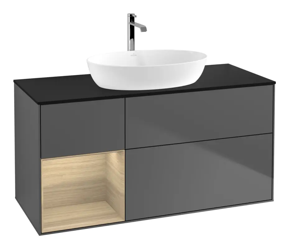 Villeroy & Boch Finion Waschbeckenunterschrank für Becken mittig Regal links für Artis / Collaro 3 Auszüge mit Beleuchtung (1x LED) ohne Hahnloch 1200 x 603 x 501 mm - Anthracite Matt Lacquer / Oak Veneer / Glass Black Matt Direkt Vom Hersteller