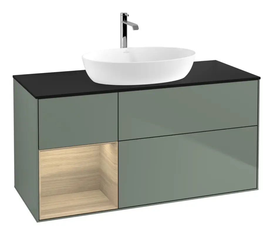Villeroy & Boch Finion Waschbeckenunterschrank für Becken mittig Regal links für Artis / Collaro 3 Auszüge mit Beleuchtung (1x LED) ohne Hahnloch 1200 x 603 x 501 mm - Olive Matt Lacquer / Oak Veneer / Glass Black Matt Preisknaller
