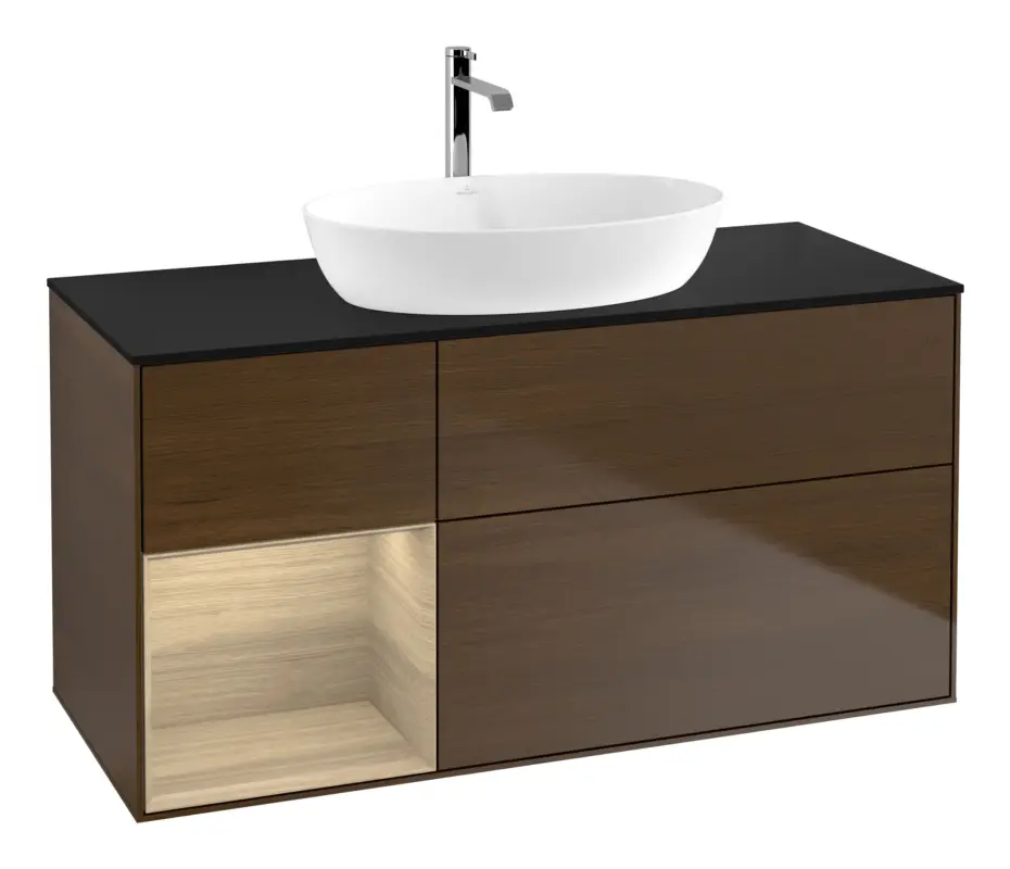 Markenprodukt Villeroy & Boch Finion Waschbeckenunterschrank für Becken mittig Regal links für Artis / Collaro 3 Auszüge mit Beleuchtung (1x LED) ohne Hahnloch 1200 x 603 x 501 mm - Walnut Veneer / Oak Veneer / Glass Black Matt