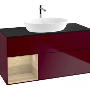 Abverkauf Villeroy & Boch Finion Waschbeckenunterschrank für Becken mittig Regal links für Artis / Collaro 3 Auszüge mit Beleuchtung (1x LED) ohne Hahnloch 1200 x 603 x 501 mm - Peony Matt Lacquer / Oak Veneer / Glass Black Matt