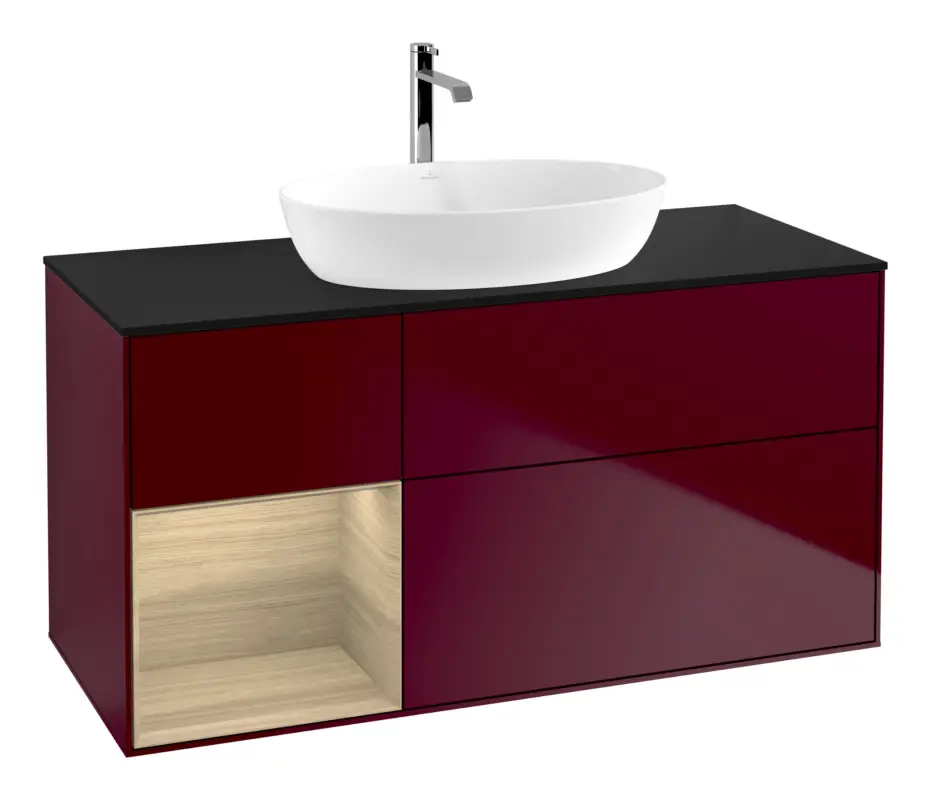 Abverkauf Villeroy & Boch Finion Waschbeckenunterschrank für Becken mittig Regal links für Artis / Collaro 3 Auszüge mit Beleuchtung (1x LED) ohne Hahnloch 1200 x 603 x 501 mm - Peony Matt Lacquer / Oak Veneer / Glass Black Matt
