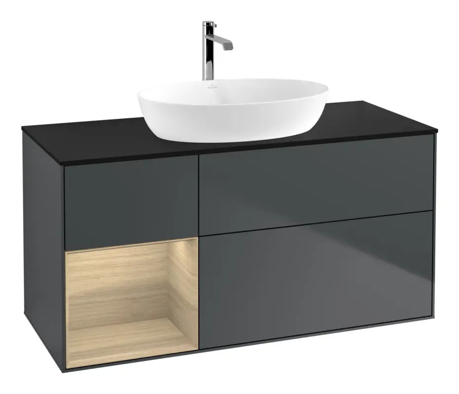 Villeroy & Boch Finion Waschbeckenunterschrank für Becken mittig Regal links für Artis / Collaro 3 Auszüge mit Beleuchtung (1x LED) ohne Hahnloch 1200 x 603 x 501 mm - Midnight Blue Matt Lacquer / Oak Veneer / Glass Black Matt Beliebt