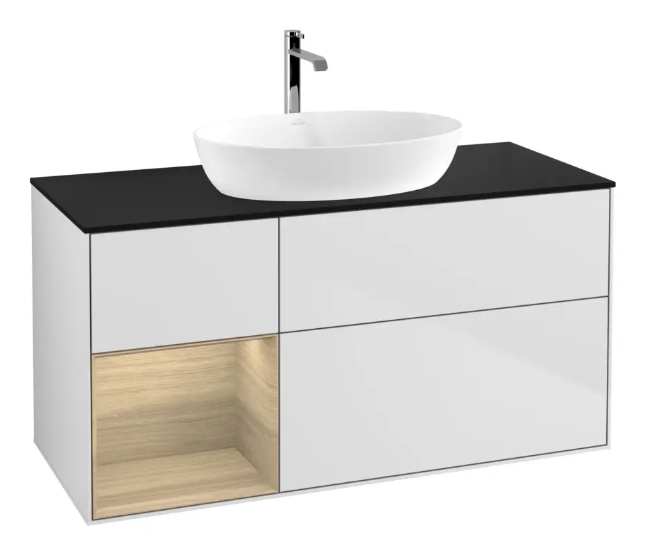 Jetzt Kaufen Villeroy & Boch Finion Waschbeckenunterschrank für Becken mittig Regal links für Artis / Collaro 3 Auszüge mit Beleuchtung (1x LED) ohne Hahnloch 1200 x 603 x 501 mm - White Matt Lacquer / Oak Veneer / Glass Black Matt
