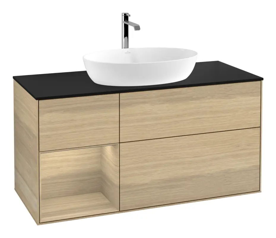 Villeroy & Boch Finion Waschbeckenunterschrank für Becken mittig Regal links für Artis / Collaro 3 Auszüge mit Beleuchtung (1x LED) ohne Hahnloch 1200 x 603 x 501 mm - Oak Veneer / Glass Black Matt Highlight