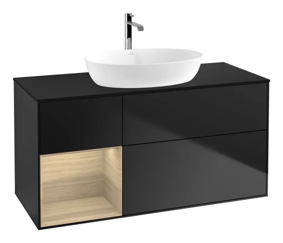Villeroy & Boch Finion Waschbeckenunterschrank für Becken mittig Regal links für Artis / Collaro 3 Auszüge mit Beleuchtung (1x LED) ohne Hahnloch 1200 x 603 x 501 mm - Black Matt Lacquer / Oak Veneer / Glass Black Matt Versand Am Gleichen Tag