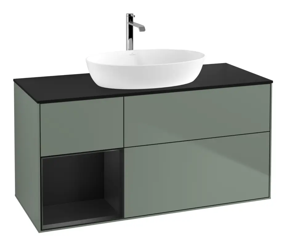 Neu Villeroy & Boch Finion Waschbeckenunterschrank für Becken mittig Regal links für Artis / Collaro 3 Auszüge mit Beleuchtung (1x LED) ohne Hahnloch 1200 x 603 x 501 mm - Olive Matt Lacquer / Black Matt Lacquer / Glass Black Matt