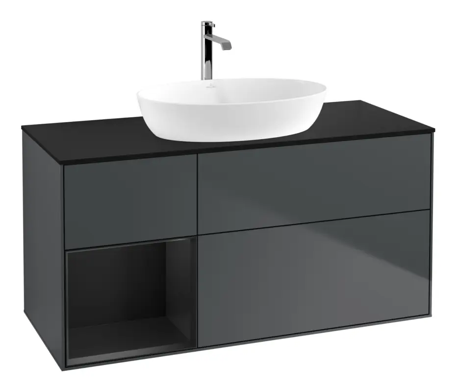 Finale Aktion Villeroy & Boch Finion Waschbeckenunterschrank für Becken mittig Regal links für Artis / Collaro 3 Auszüge mit Beleuchtung (1x LED) ohne Hahnloch 1200 x 603 x 501 mm - Midnight Blue Matt Lacquer / Black Matt Lacquer / Glass Black Matt