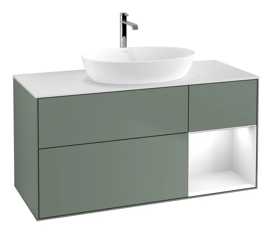 Online Kaufen Villeroy & Boch Finion Waschbeckenunterschrank für Becken mittig Regal rechts für Artis / Collaro 3 Auszüge mit Beleuchtung (1x LED) ohne Hahnloch 1200 x 603 x 501 mm - Olive Matt Lacquer / Glossy White Lacquer / Glass White Matt