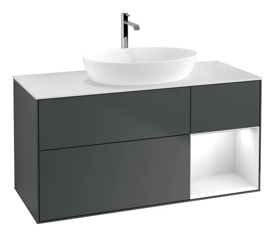 Günstig Villeroy & Boch Finion Waschbeckenunterschrank für Becken mittig Regal rechts für Artis / Collaro 3 Auszüge mit Beleuchtung (1x LED) ohne Hahnloch 1200 x 603 x 501 mm - Midnight Blue Matt Lacquer / Glossy White Lacquer / Glass White Matt