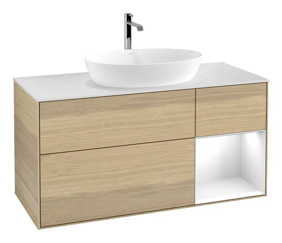 Villeroy & Boch Finion Waschbeckenunterschrank für Becken mittig Regal rechts für Artis / Collaro 3 Auszüge mit Beleuchtung (1x LED) ohne Hahnloch 1200 x 603 x 501 mm - Oak Veneer / Glossy White Lacquer / Glass White Matt Direktkauf