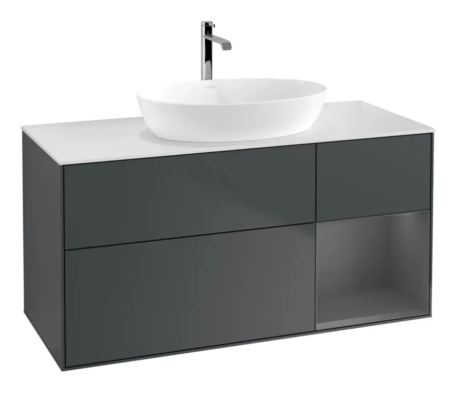 Super-Preis Villeroy & Boch Finion Waschbeckenunterschrank für Becken mittig Regal rechts für Artis / Collaro 3 Auszüge mit Beleuchtung (1x LED) ohne Hahnloch 1200 x 603 x 501 mm - Midnight Blue Matt Lacquer / Anthracite Matt Lacquer / Glass White Matt